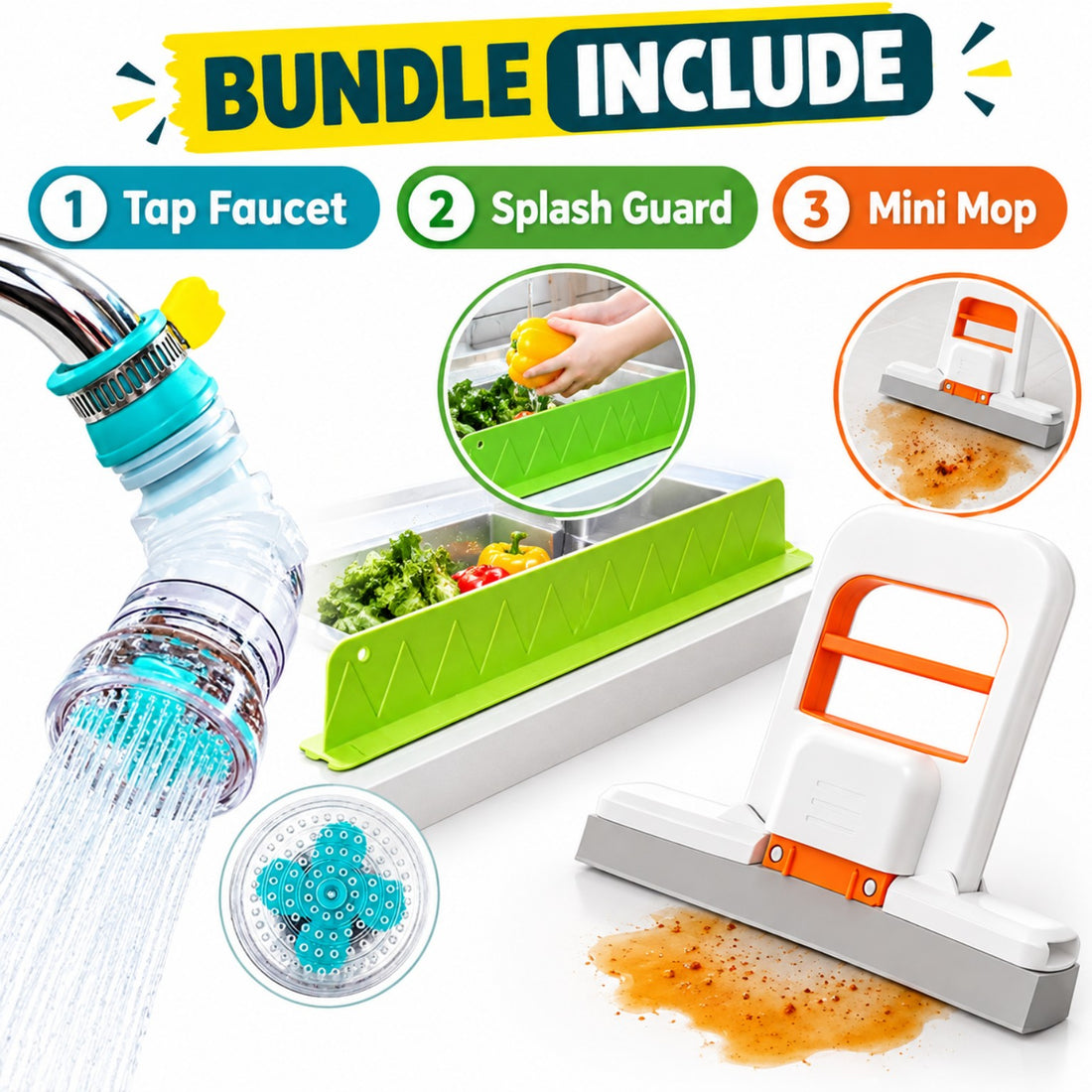 3-in-1 kitchen cleaning bundle with tap faucet, splash guard and mini mop