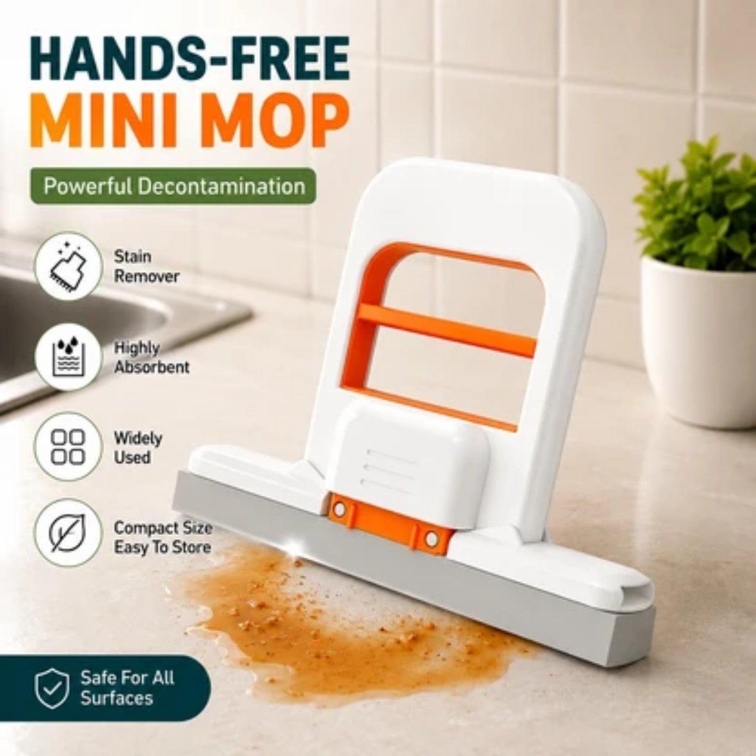 Hands-free mini mop for kitchen spills