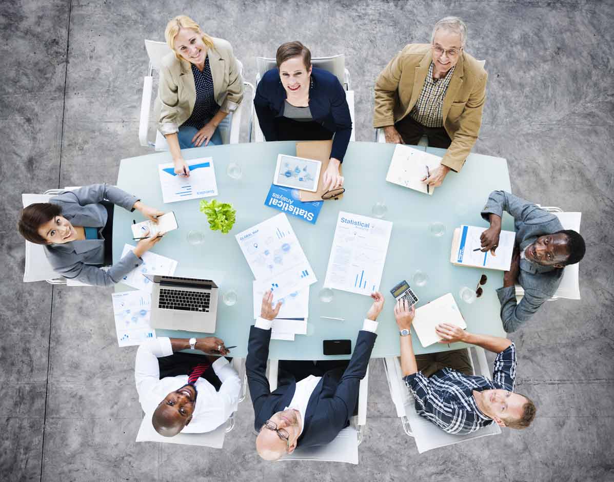 top view of business meeting of eight people